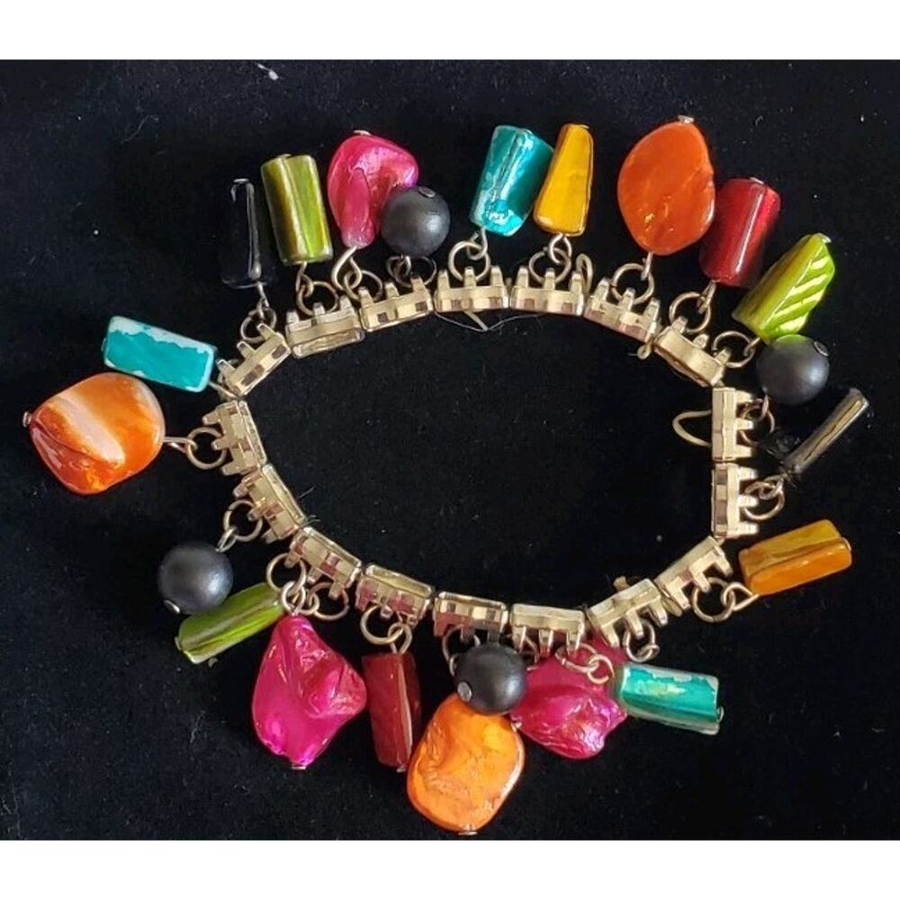 Vibrant 3 Inch Dangling Painted Stones Elastic Silver Tone Bracelet Flaws